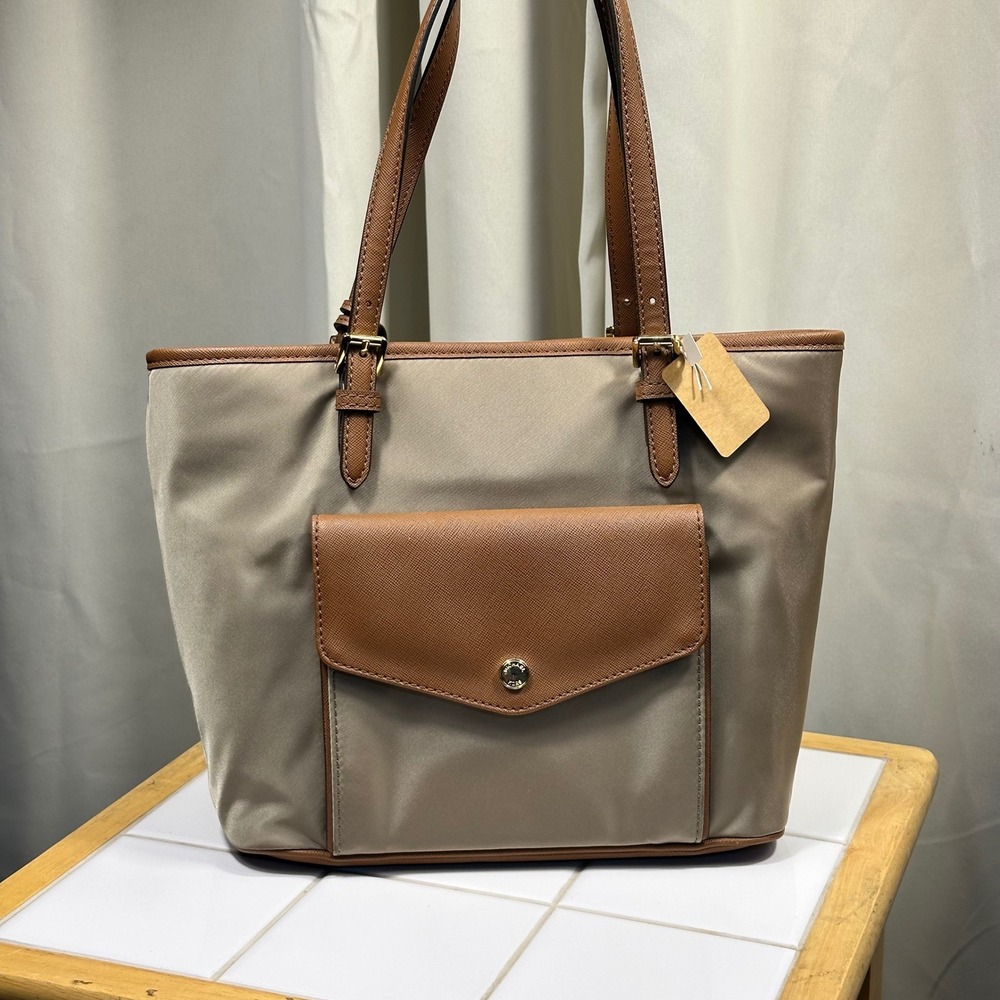 Michael Kors Tote Bag Womens Medium Khaki Brown Nylon Leather Trim Excellent COA
